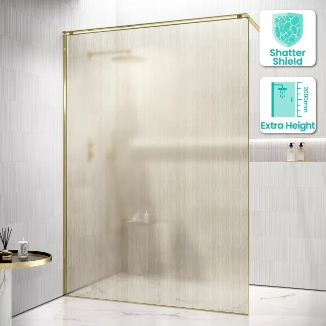 Lyon Brushed Brass 8mm Laminated Wet Room Shower Glass Panel with Gold Mesh Inlay 1400mm