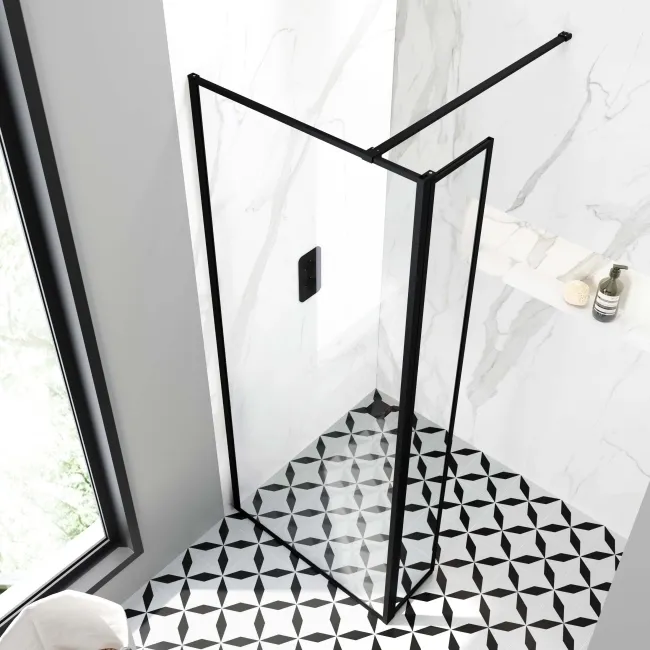 Munich Matt Black Framed Easy Clean 8mm Pivotal Wet Room Shower Glass Return Panel 250mm