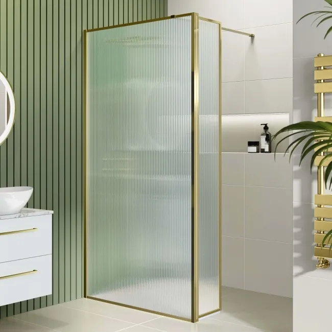Munich Fluted Effect Brushed Brass Easy Clean 8mm Pivotal Wet Room Shower Glass Return Panel 250mm