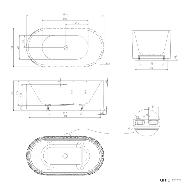 Brent 1500mm Fluted Matt White Freestanding Bath