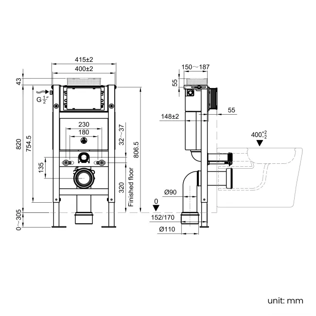 Idaho Pneumatic Compact Top & Front Wall Hung Toilet Frame and Concealed Cistern - Excludes Flush Plate