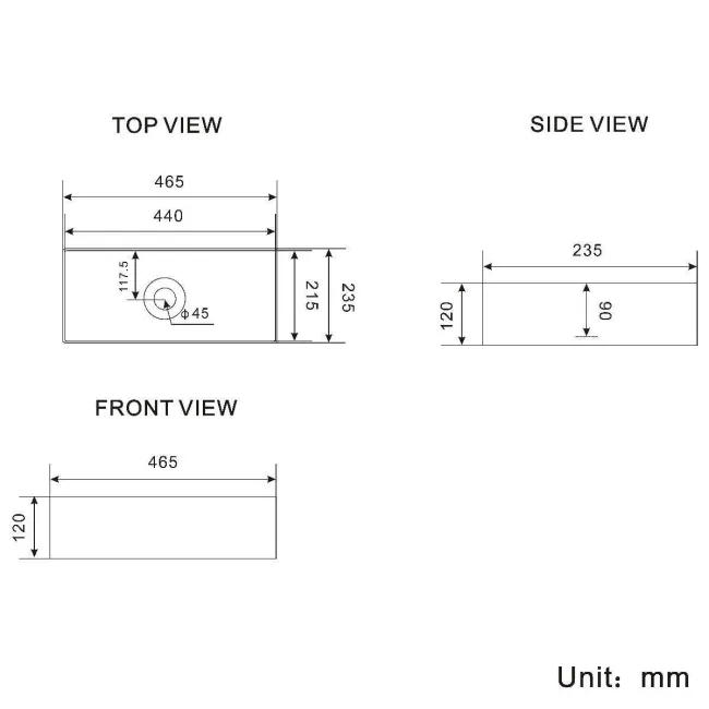 Cleveland Matt Black Rectangular Counter Top Basin 465mm