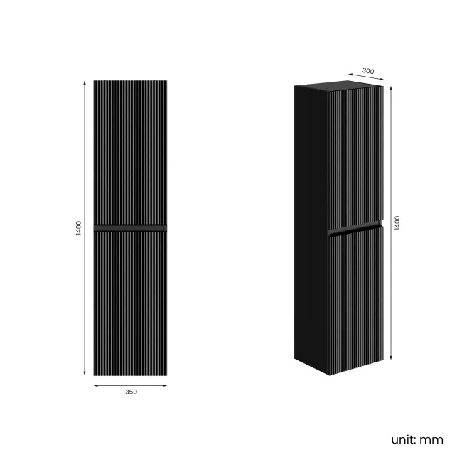 Malta Fluted Matt Black Wall Hung Tall Cabinet 1400x350mm