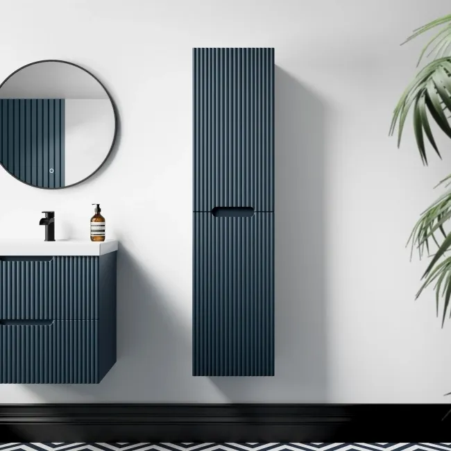Crete Fluted Navy Blue Wall Hung Tall Cabinet 1400x350mm