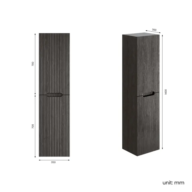 Crete Fluted Charcoal Elm Wall Hung Tall Cabinet 1400x350mm