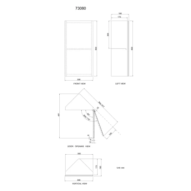 Madelyn Corner Stainless Steel Mirror cabinet 600mm Tall