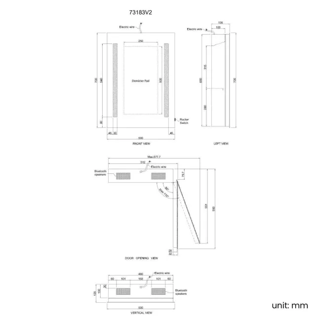 Emielia Illuminated LED Mirror Cabinet With BLUETOOTH Speaker 700x500mm