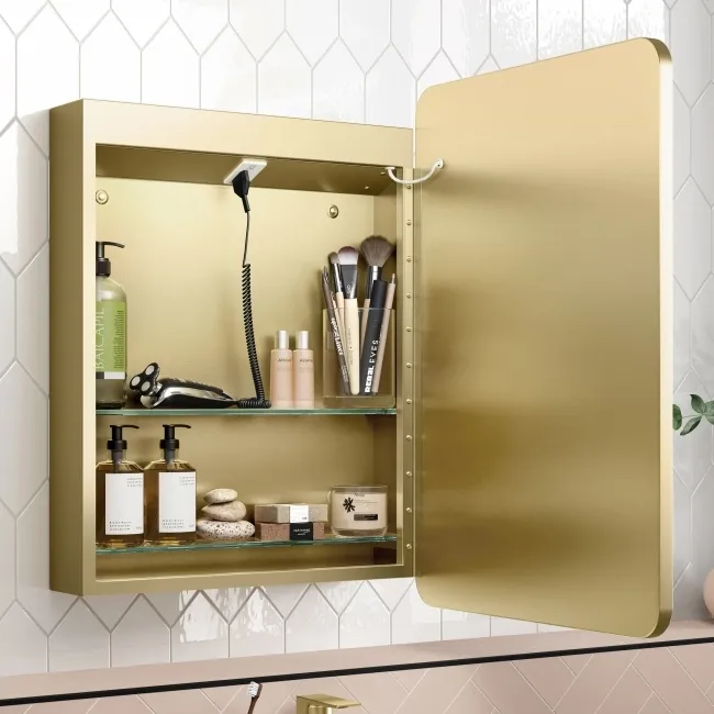 Olivia Matt Brass Illuminated LED Mirror Cabinet With BLUETOOTH Speaker 710x500mm