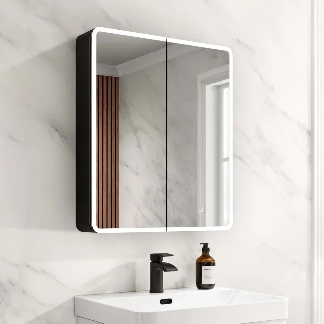 Aurora Matt Black Illuminated LED Mirror Cabinet 700x600mm