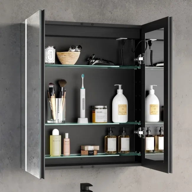 Selma Matt Black Illuminated LED Recessed Mirror Cabinet 700x600mm