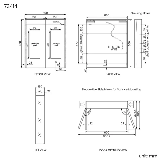 Selma Matt Black Illuminated LED Recessed Mirror Cabinet 700x600mm