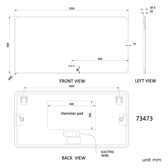 Mila Black Framed Backlit Illuminated LED Mirror With BLUETOOTH Speaker 600x1200mm