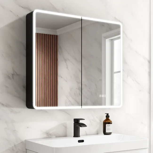 Aurora Matt Black Illuminated LED Mirror Cabinet With BLUETOOTH Speaker 700x800mm