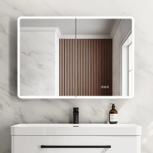 Aurora Matt Black Illuminated LED Mirror Cabinet With BLUETOOTH Speaker 700x1000mm