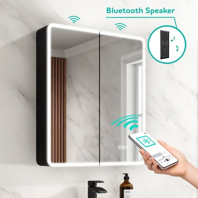 Aurora Matt Black Illuminated LED Mirror Cabinet With BLUETOOTH Speaker 700x1000mm