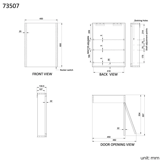 Selma Battery Operated Matt Black Illuminated LED Mirror Cabinet 600x450mm