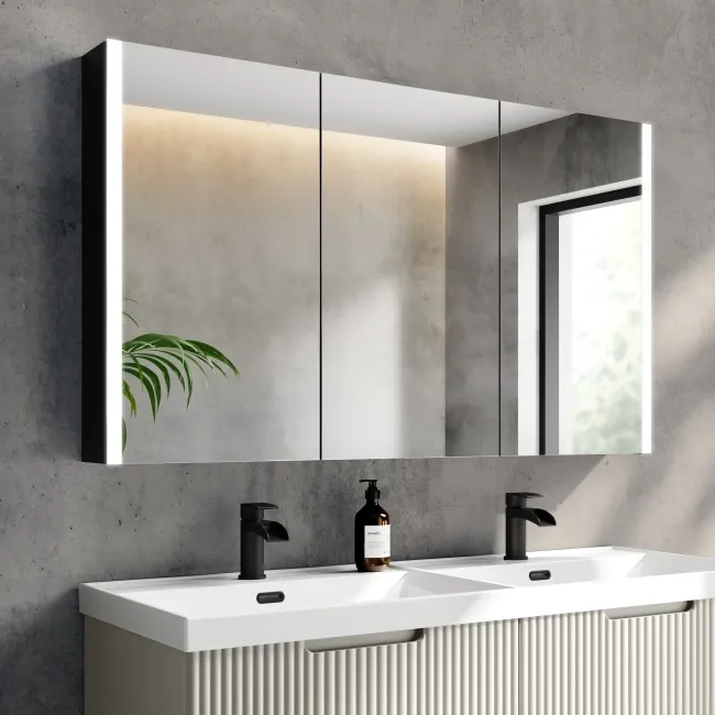 Selma Battery Operated Matt Black Illuminated LED Mirror Cabinet 700x1200mm