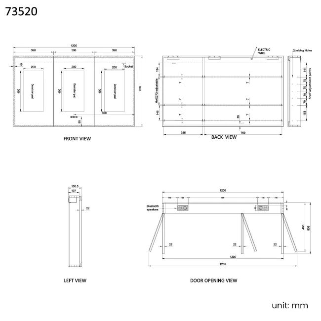 Esme Matt Black Illuminated LED Mirror Cabinet With BLUETOOTH Speaker 700x1200mm