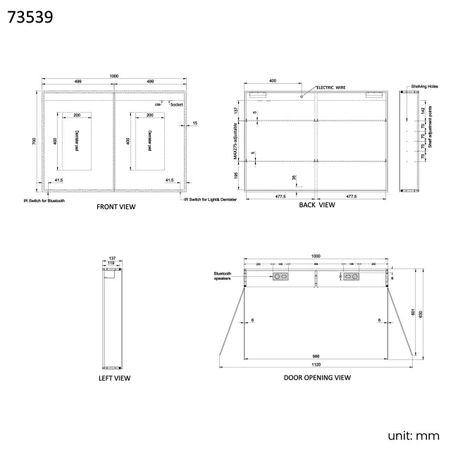 Margot Illuminated LED Mirror Cabinet With BLUETOOTH Speaker & USB Port 700x1000mm