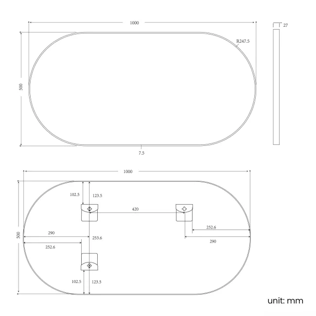 Essence Black Framed Oval Bathroom Mirror 1000x500mm