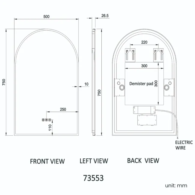 Maya Black Framed Arched Backlit Illuminated LED Mirror With BLUETOOTH Speaker 750x500mm