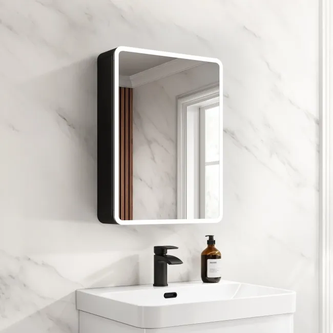 Aurora Battery Operated Matt Black Illuminated LED Mirror Cabinet 600x450mm