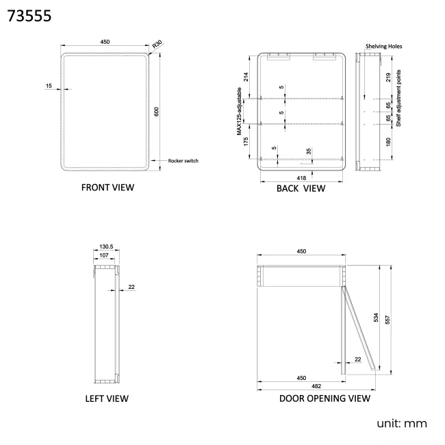 Aurora Battery Operated Matt Black Illuminated LED Mirror Cabinet 600x450mm
