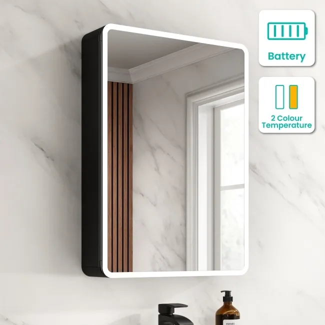 Aurora Battery Operated Matt Black Illuminated LED Mirror Cabinet 700x500mm