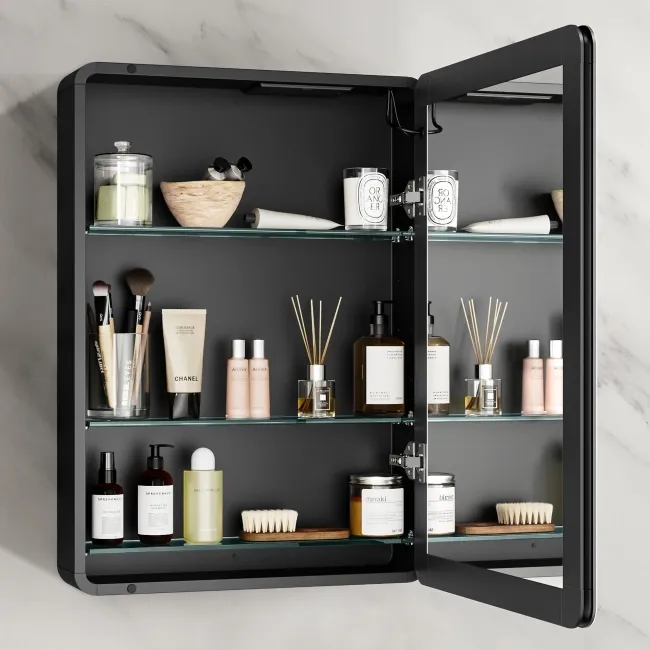 Aurora Battery Operated Matt Black Illuminated LED Mirror Cabinet 700x500mm