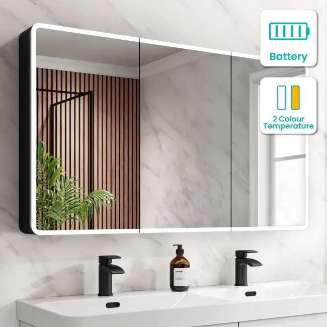 Aurora Battery Operated Matt Black Illuminated LED Mirror Cabinet 700x1200mm