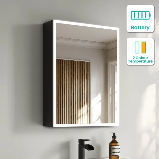 Esme Battery Operated Matt Black Illuminated LED Mirror Cabinet 600x450mm