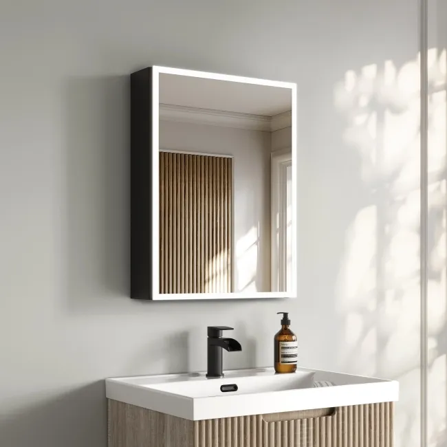 Esme Battery Operated Matt Black Illuminated LED Mirror Cabinet 600x450mm