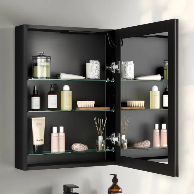 Esme Battery Operated Matt Black Illuminated LED Mirror Cabinet 600x450mm