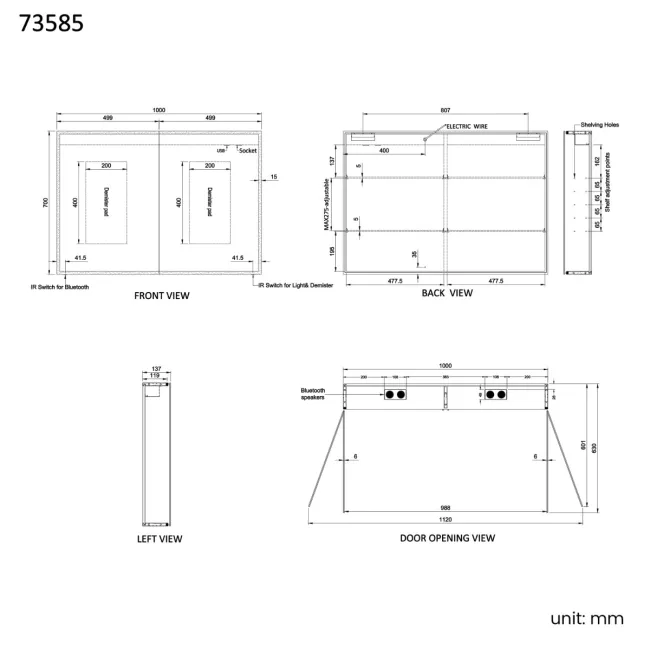 Margot Brushed Brass Illuminated LED Mirror Cabinet With BLUETOOTH Speaker & USB Port 700x1000mm