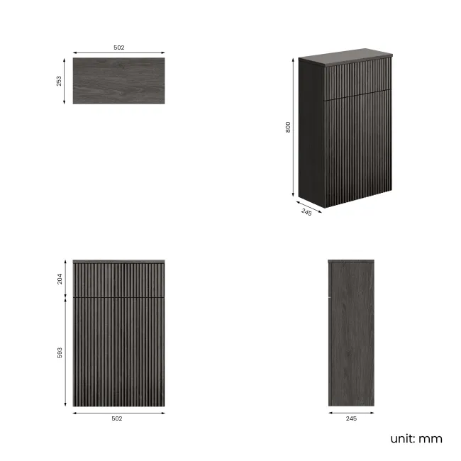 Crete Fluted Charcoal Elm Slimline Back To Wall Toilet Unit 500mm