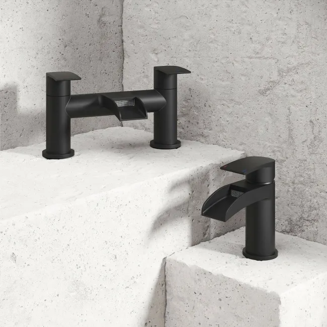 Eden Matt Black Waterfall Basin & Bath Mixer Tap Set