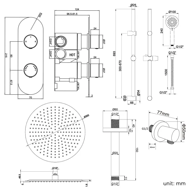 Ballina Premium Ceiling Chrome Round Thermostatic Shower Set - 300mm Head & Slider Shower