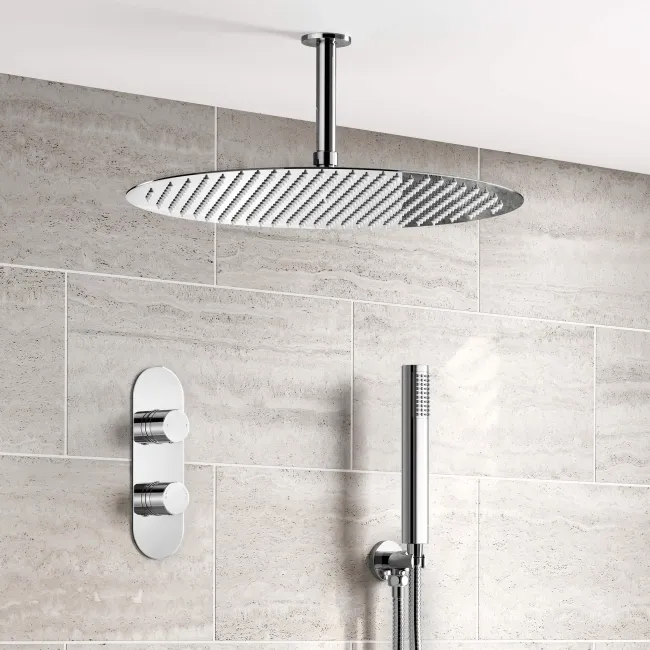 Ballina Premium Ceiling Chrome Round Thermostatic Shower Set - 400mm Head & Hand Shower