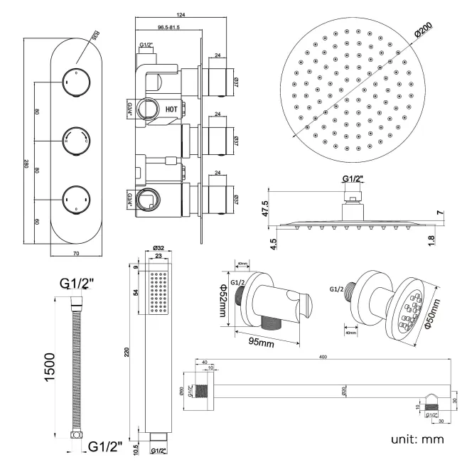 Ballina Premium Chrome Round Thermostatic Set - 200mm Head, Hand Shower & Body Jets