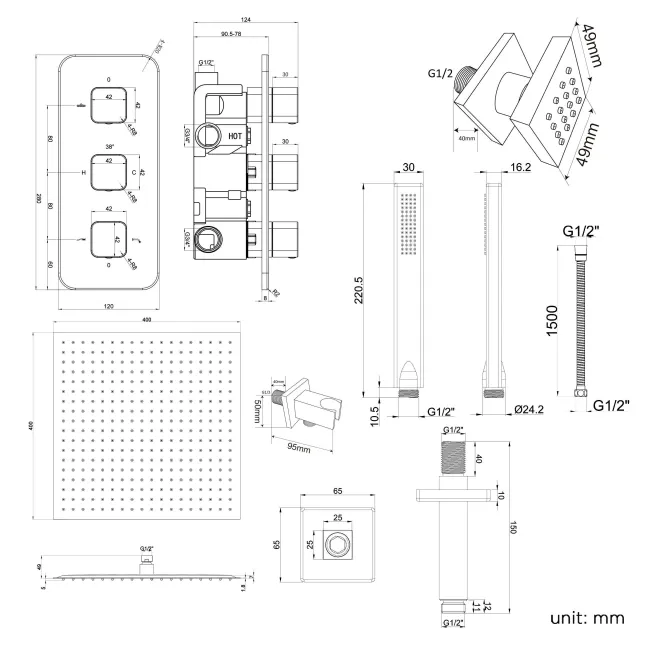 Galway Premium Ceiling Chrome Square Thermostatic Set - 400mm Head, Hand Shower & Jets
