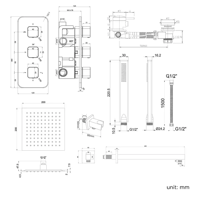 Galway Premium Chrome Square Thermostatic Bath Filler Shower Set - 200mm Head & Hand Shower