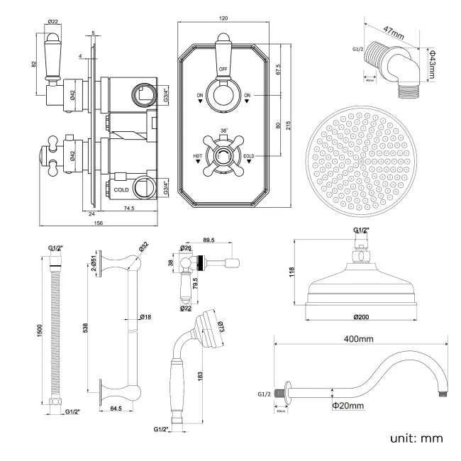 Shannon Premium Traditional Thermostatic Shower Set - 200mm Head & Slider Shower
