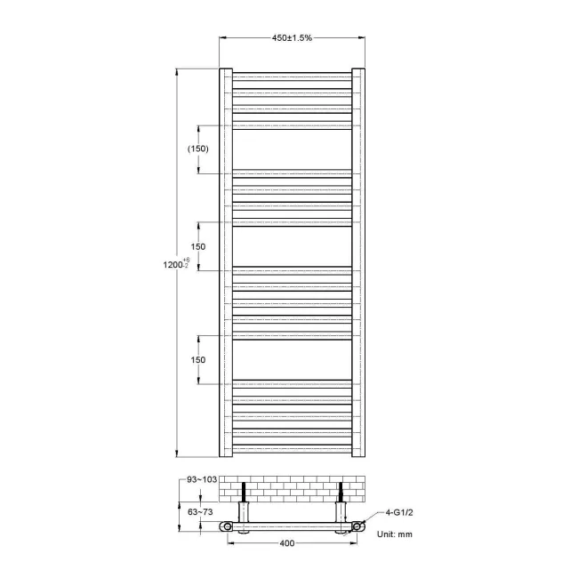 Naples Electric Premium Matt Black Straight Heated Towel Rail 1200x450mm