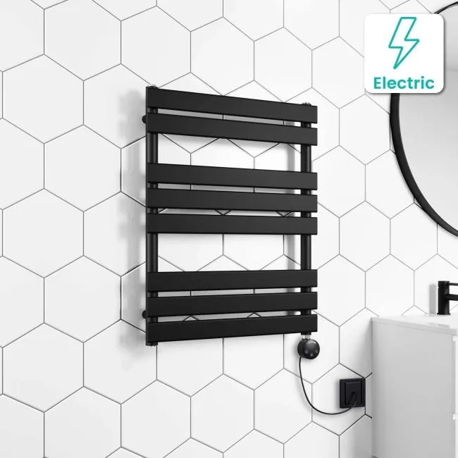 Santorini Electric Matt Black Flat Panel Heated Towel Rail 800x600mm