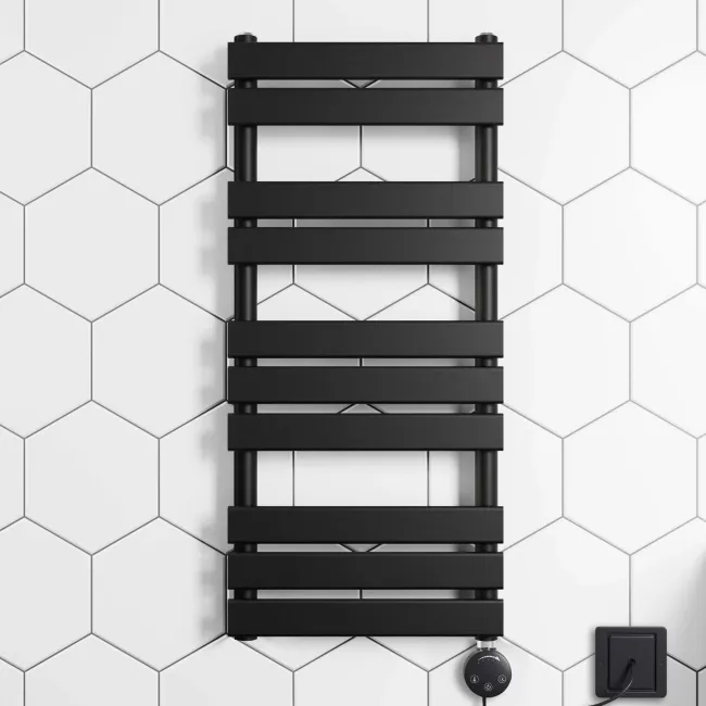 Santorini Electric Matt Black Flat Panel Heated Towel Rail 1000x450mm