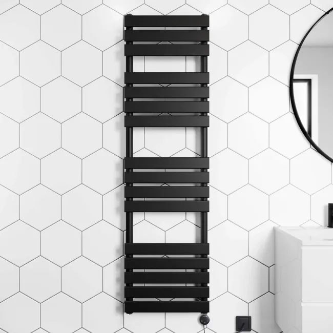 Santorini Electric Matt Black Flat Panel Heated Towel Rail 1600x450mm