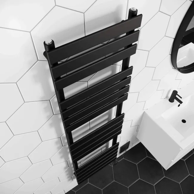 Santorini Electric Matt Black Flat Panel Heated Towel Rail 1600x450mm