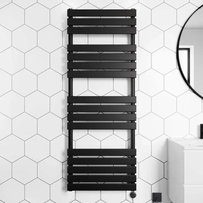 Santorini Electric Matt Black Flat Panel Heated Towel Rail 1600x600mm