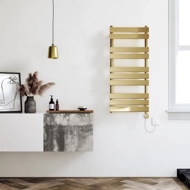 Santorini Electric Brushed Brass Flat Panel Heated Towel Rail 1000x450mm