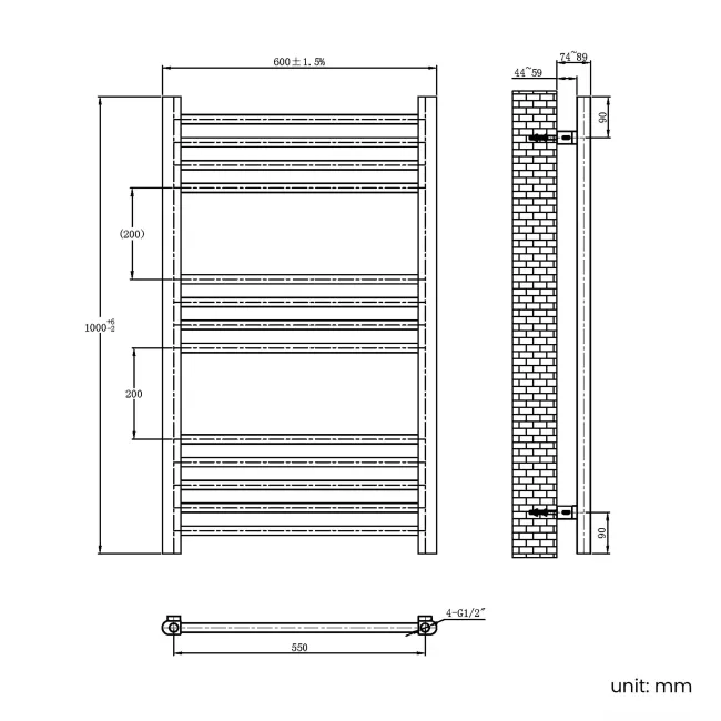 Barcelona Electric Brushed Brass Straight Heated Towel Rail 1000x600mm